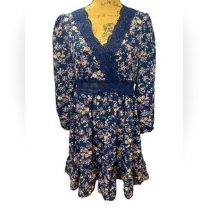 Women’s Navy & Gold floral, crochet, ruffled Shein Curve Dress